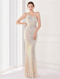 Evening Gown Elegant Dress Wedding Floor Length Sleeveless One Shoulder V Back