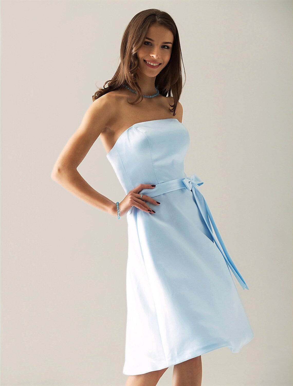 Bridesmaid Dress Strapless Sleeveless Elegant Knee Length Sash Ribbon Bow