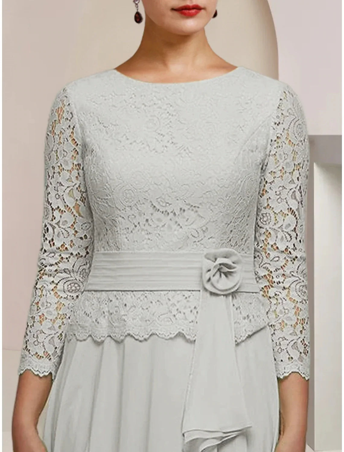 Mother of the Bride Dress Wedding Guest Elegant Jewel Neck Ankle Length Long Sleeve with Pleats Appliques