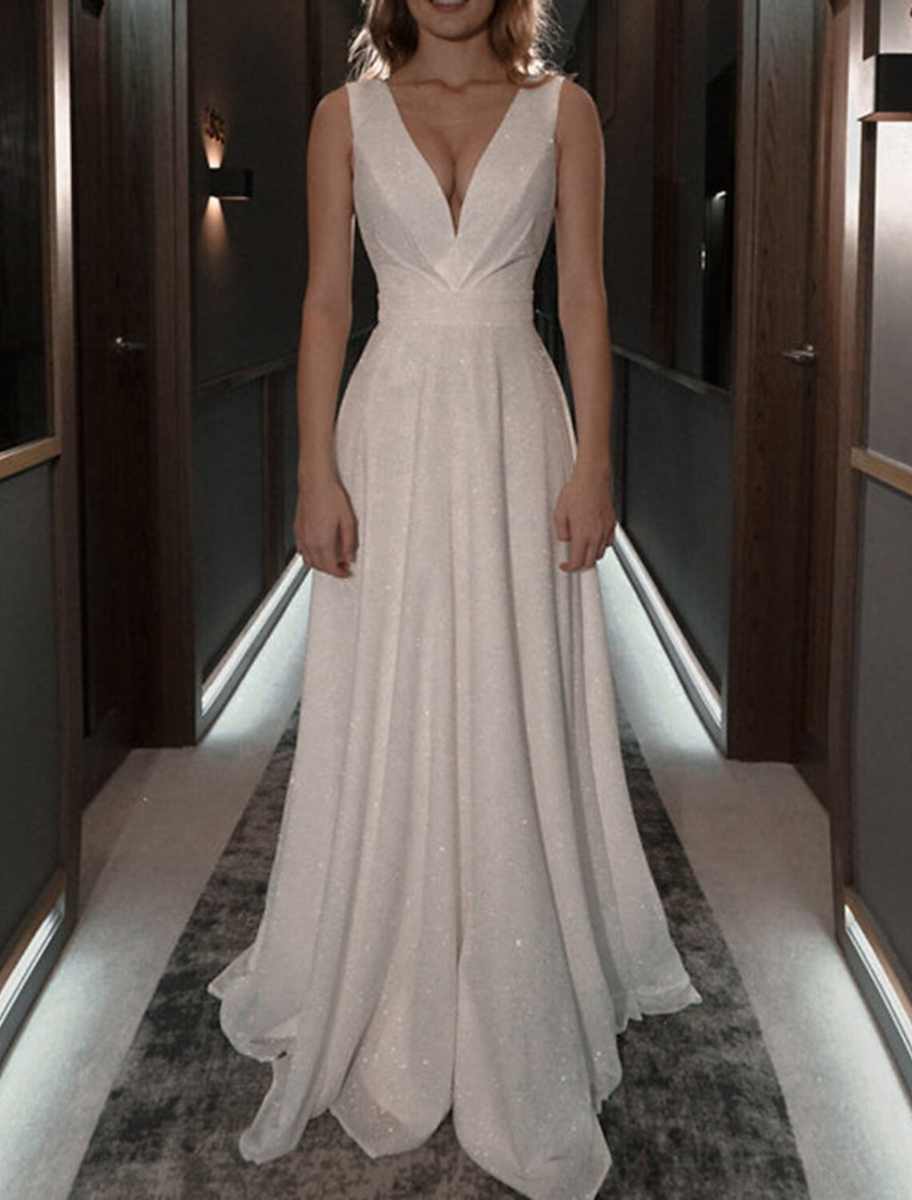 Glittering Dress Wedding Party Birthday Sweep / Brush Train Sleeveless V Neck Fall Wedding Reception