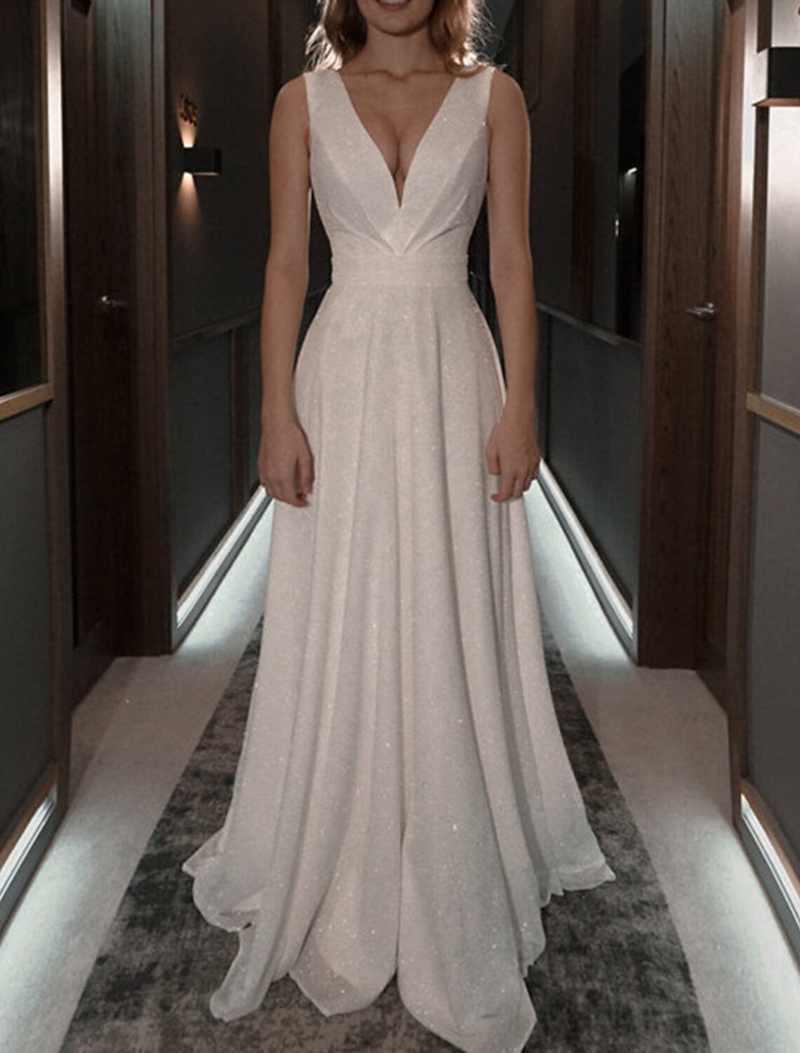 Glittering Dress Wedding Party Birthday Sweep / Brush Train Sleeveless V Neck Fall Wedding Reception