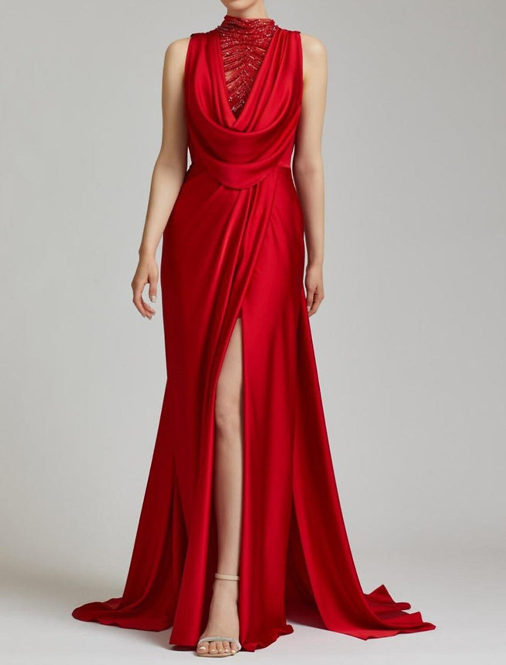 Mermaid / Trumpet Evening Gown Elegant Dress Formal Christmas Court Train Sleeveless Cowl Neck with Ruched Slit