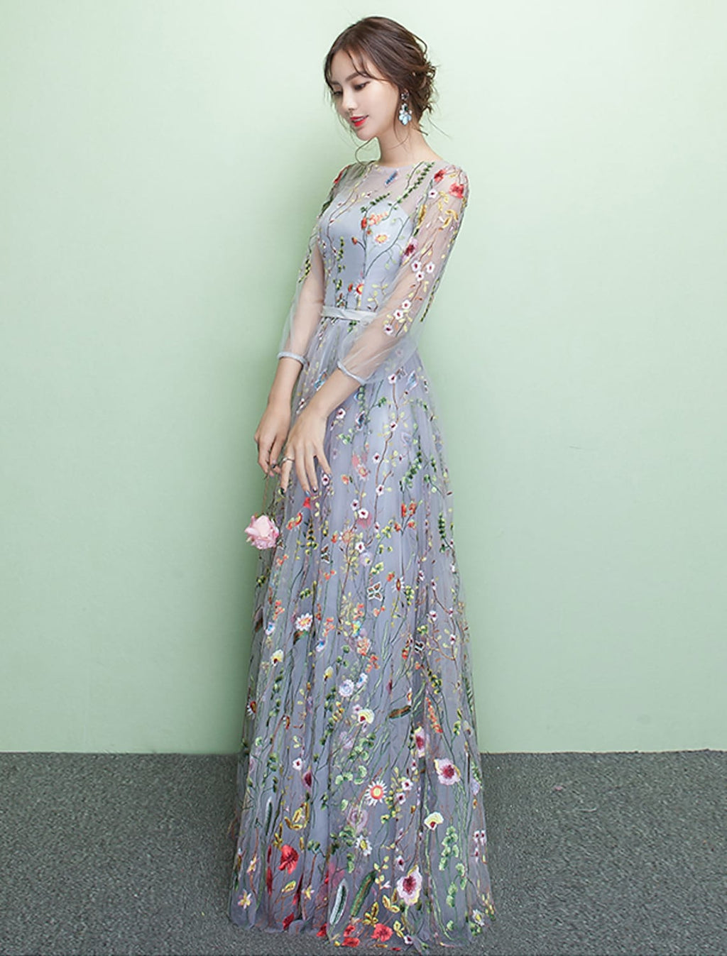 Formal Evening Dress Length Sleeve Floor Length with Embroidery