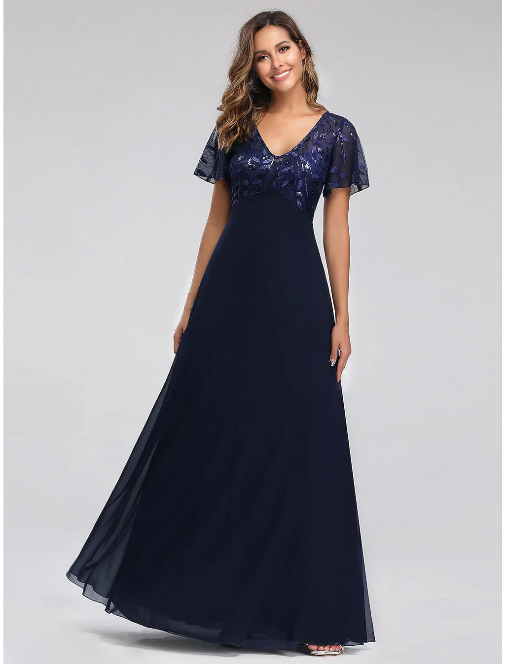 Wedding Guest Dresses Elegant Dress Fall Floor Length Short Sleeve V Neck Bridesmaid Dress with Appliques