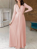Mother of the Bride Dress Formal Wedding Guest Elegant V Neck Floor Length Long Sleeve with Pleats
