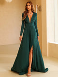 Evening Gown Vintage Dress Engagement Long Sleeve V Neck with Slit