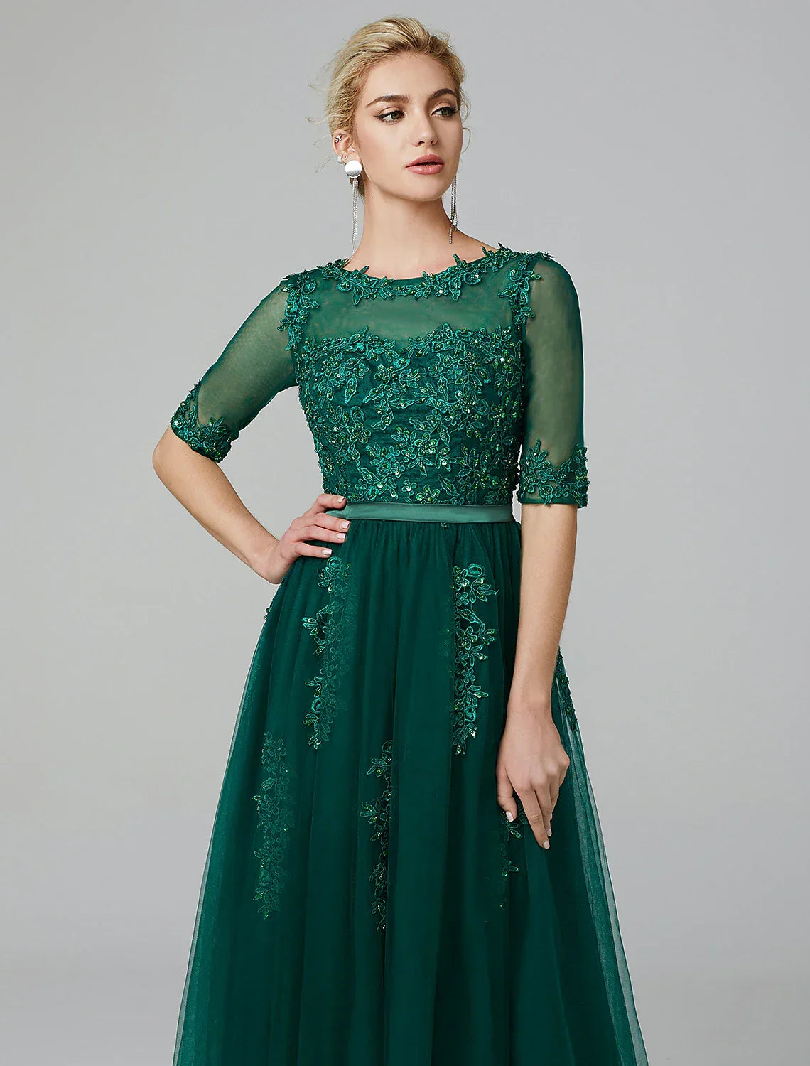 Sparkle Dress Formal Evening Tea Length Sleeveless Illusion Neck Fall Wedding Guest Over with Appliques