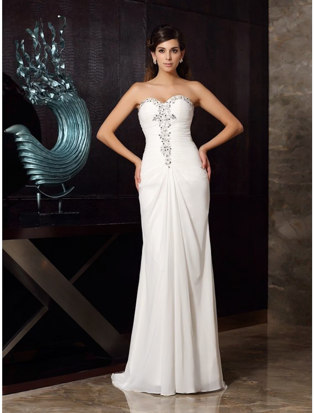 Evening Gown Elegant Dress Party Wear Sleeveless Strapless with Rhinestone Ruched