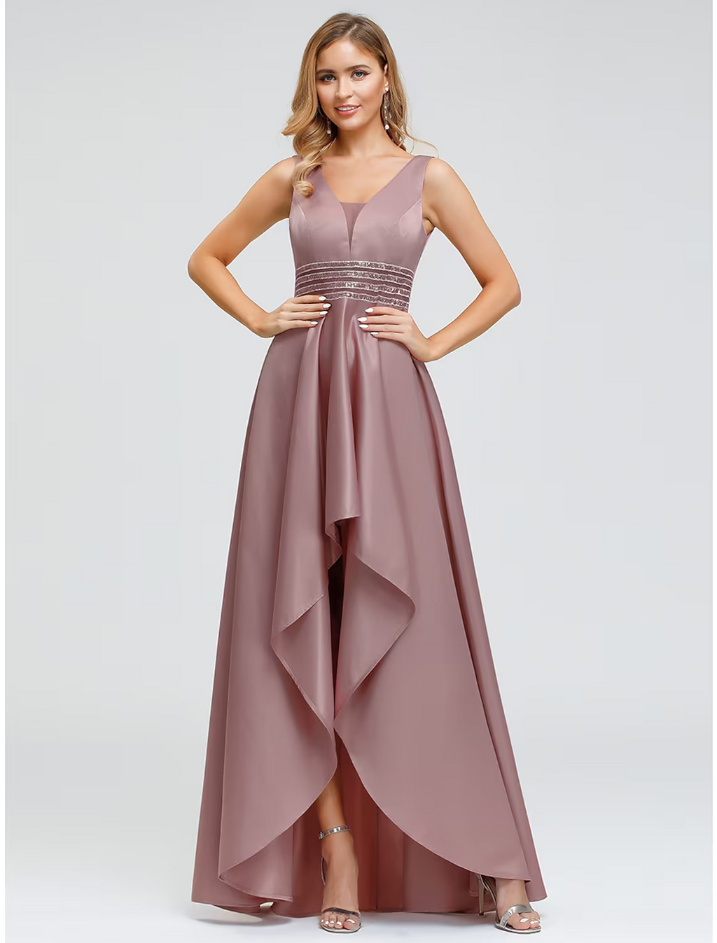 Wedding Guest Cocktail Party Dress V Neck V Back Sleeveless Asymmetrical with Crystals Beading
