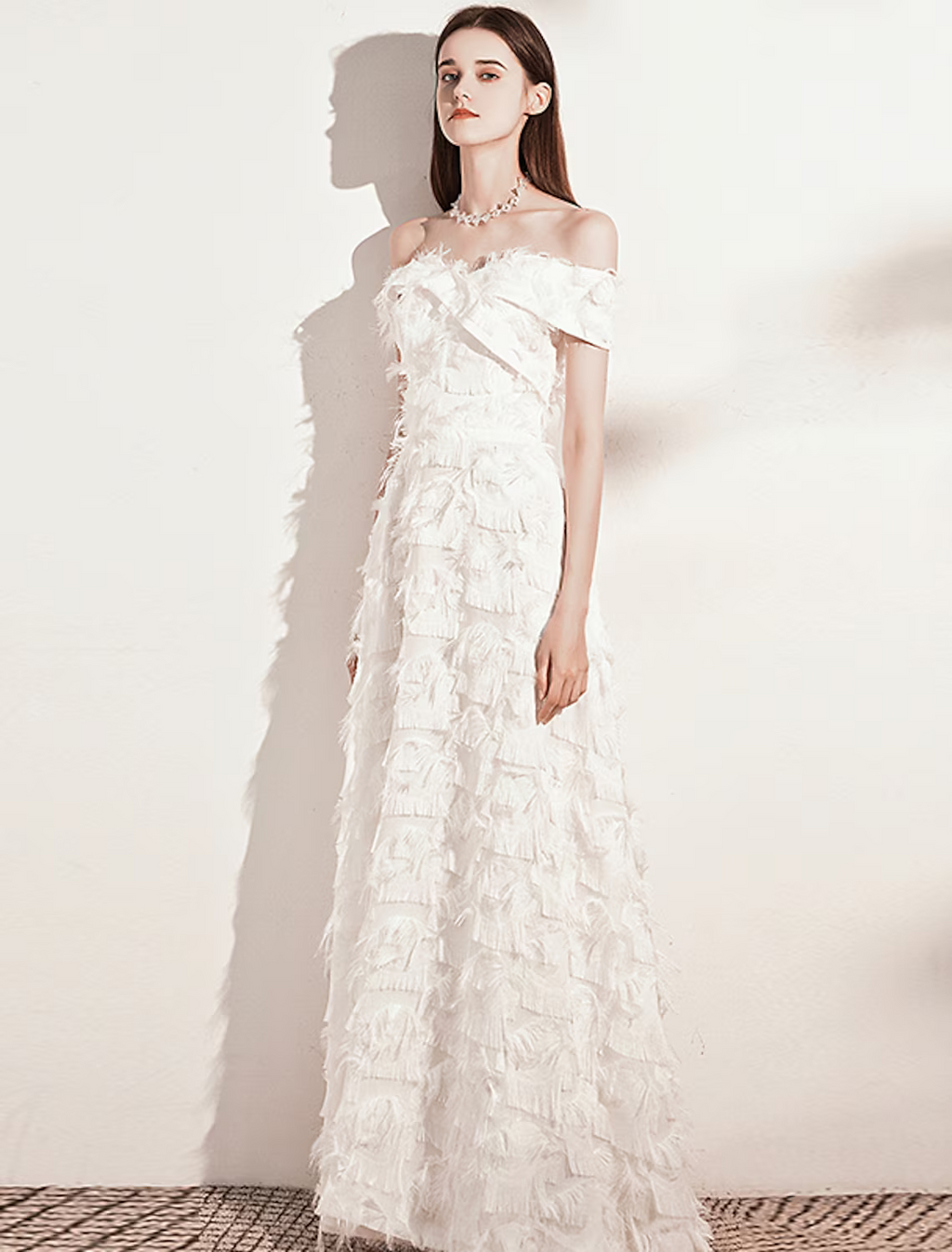 Evening Gown Minimalist Dress Formal Evening Floor Length Short Sleeve Off Shoulder Nylon with Feather