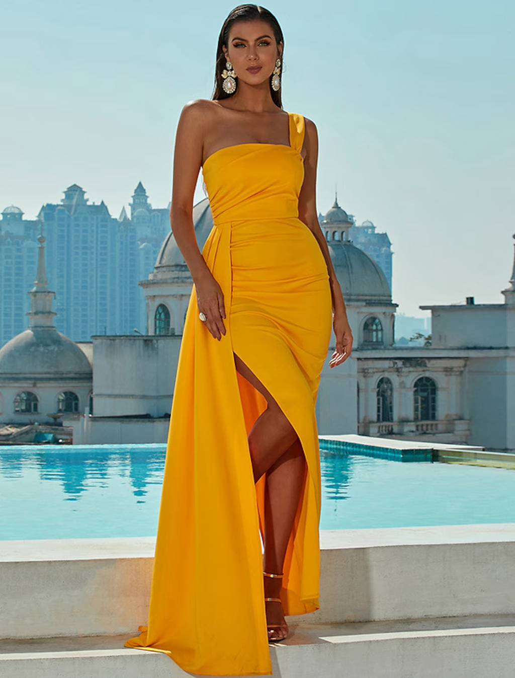 Evening Gown Sexy Dress Formal Sleeveless One Shoulder with Ruched Slit