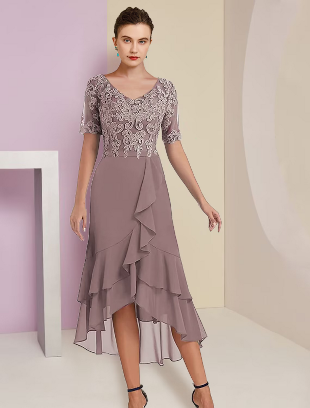 Two Piece A-Line Mother of the Bride Dress Formal Wedding Guest Elegant High Low V Neck Asymmetrical Length Short Sleeve Sleeve Wrap Included with Appliques