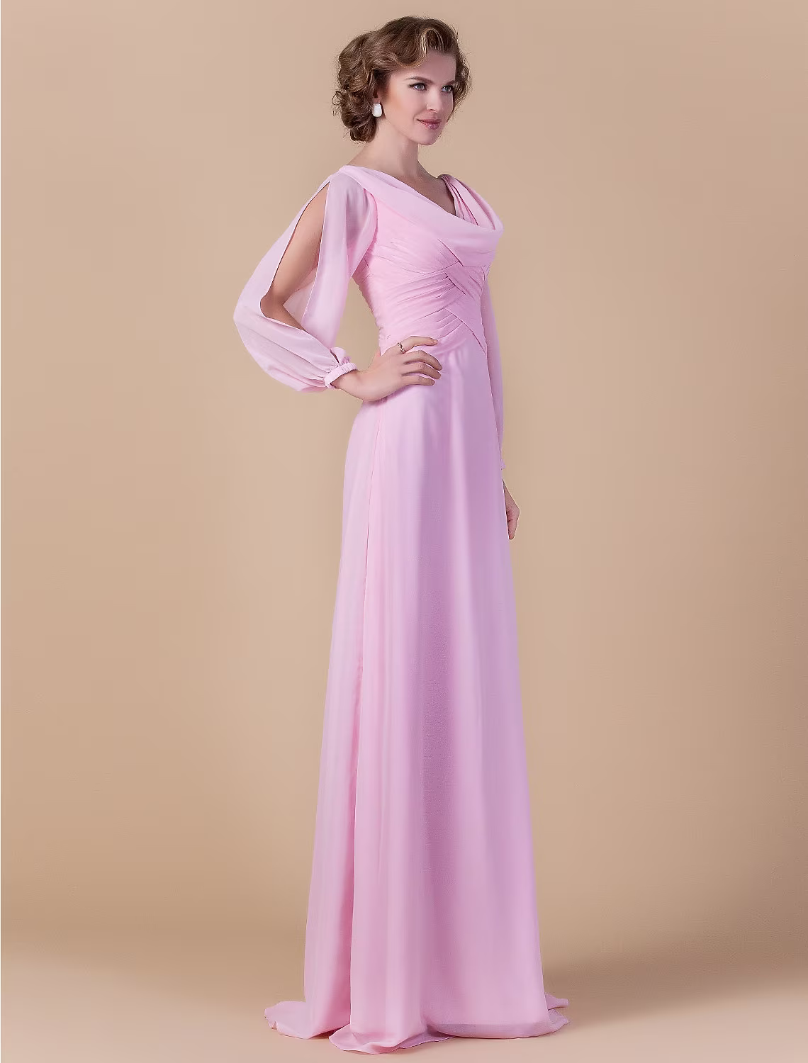 Mother of the Bride Dress Vintage Inspired Cowl Neck Floor Length Long Sleeve with Criss Cross Ruched