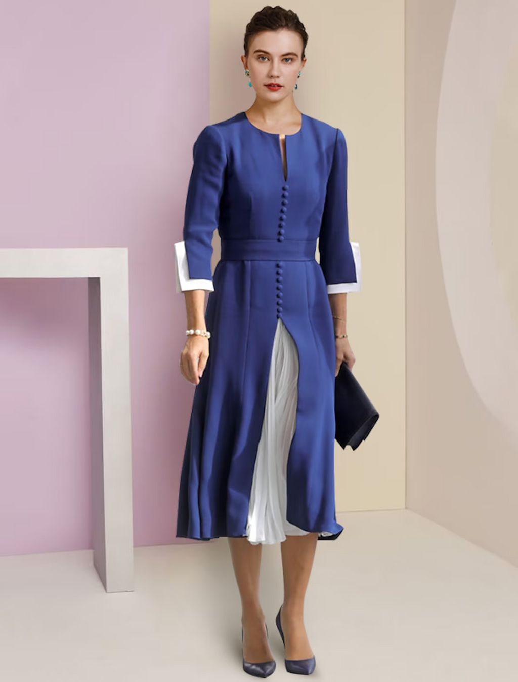Mother of the Bride Dress Formal Wedding Guest Elegant Scoop Neck Length Length Sleeve with Buttons
