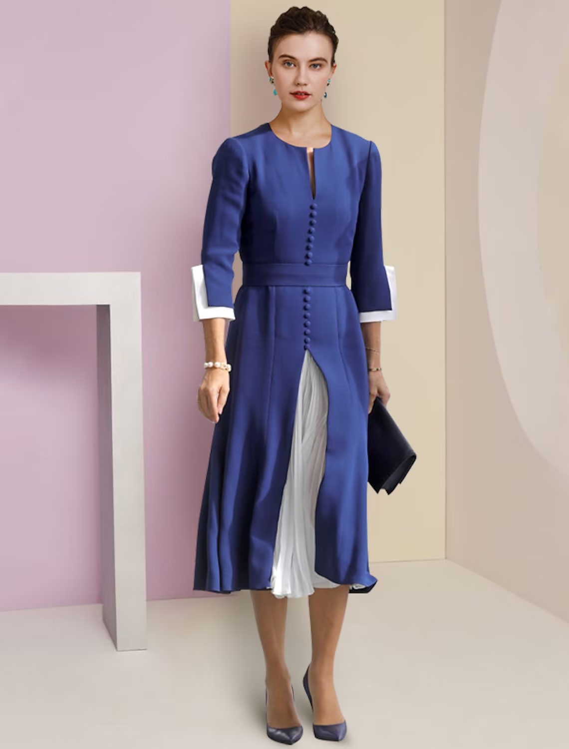 Mother of the Bride Dress Formal Wedding Guest Elegant Scoop Neck Length Length Sleeve with Buttons