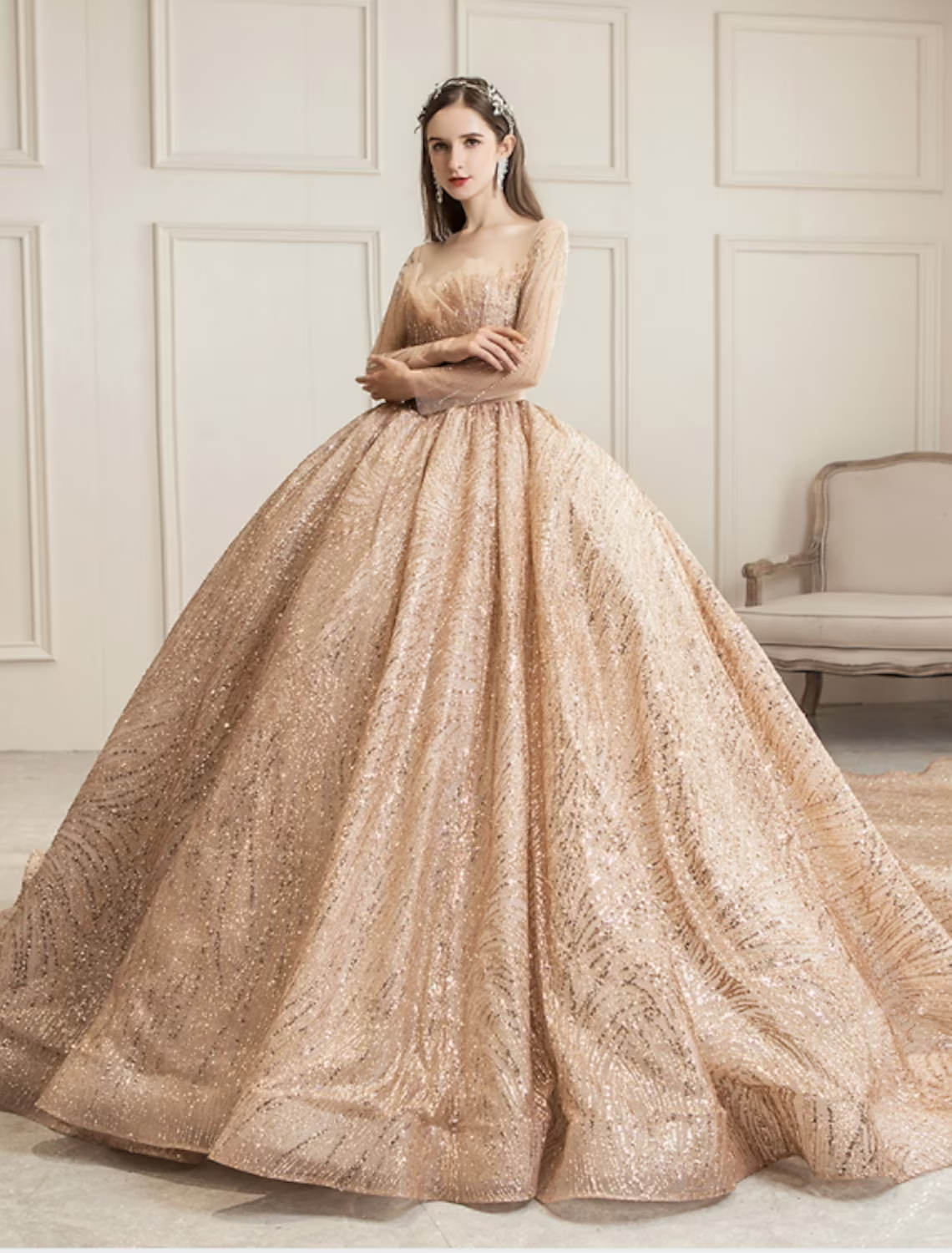 Engagement Wedding Dresses in Color Formal Wedding Dresses Chapel Train Princess Long Sleeve Jewel Neck With Ruched