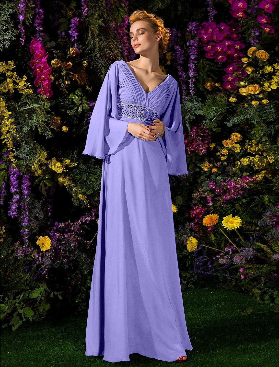 Mother of the Bride Dress Vintage Inspired V Neck Floor Length Long Sleeve with Crystals Beading Side Draping