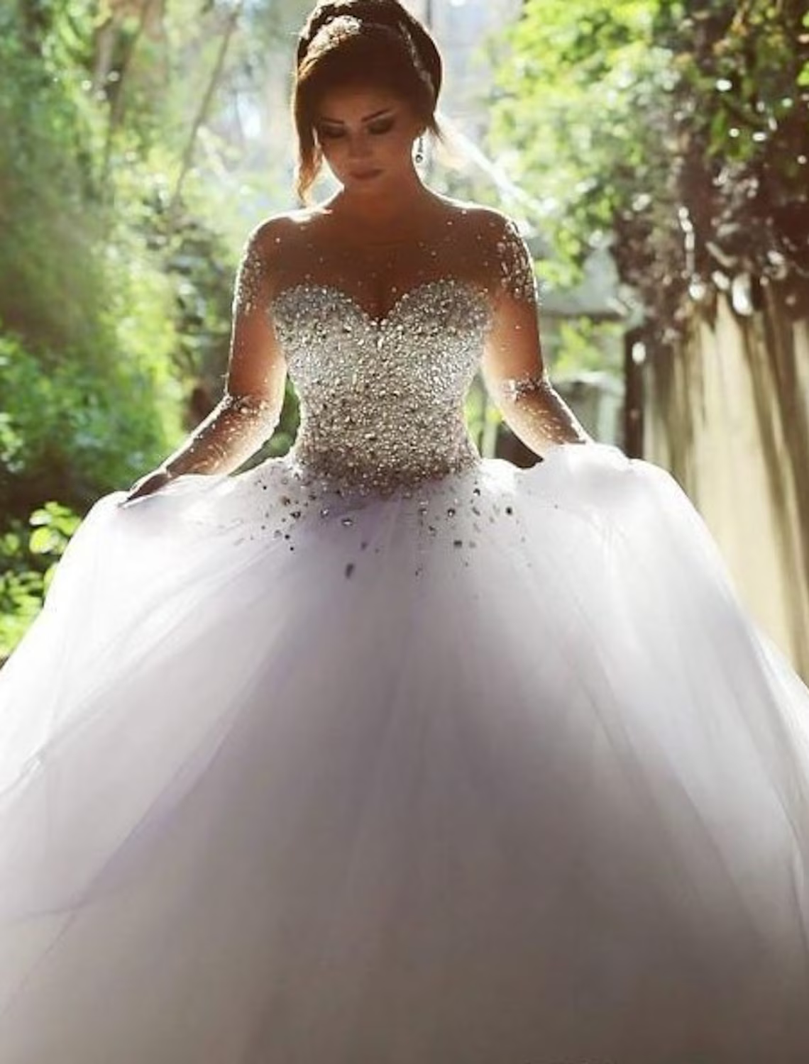 Engagement Formal Wedding Dresses Court Ball Gown Long Sleeve Jewel Neck With Crystals Beading