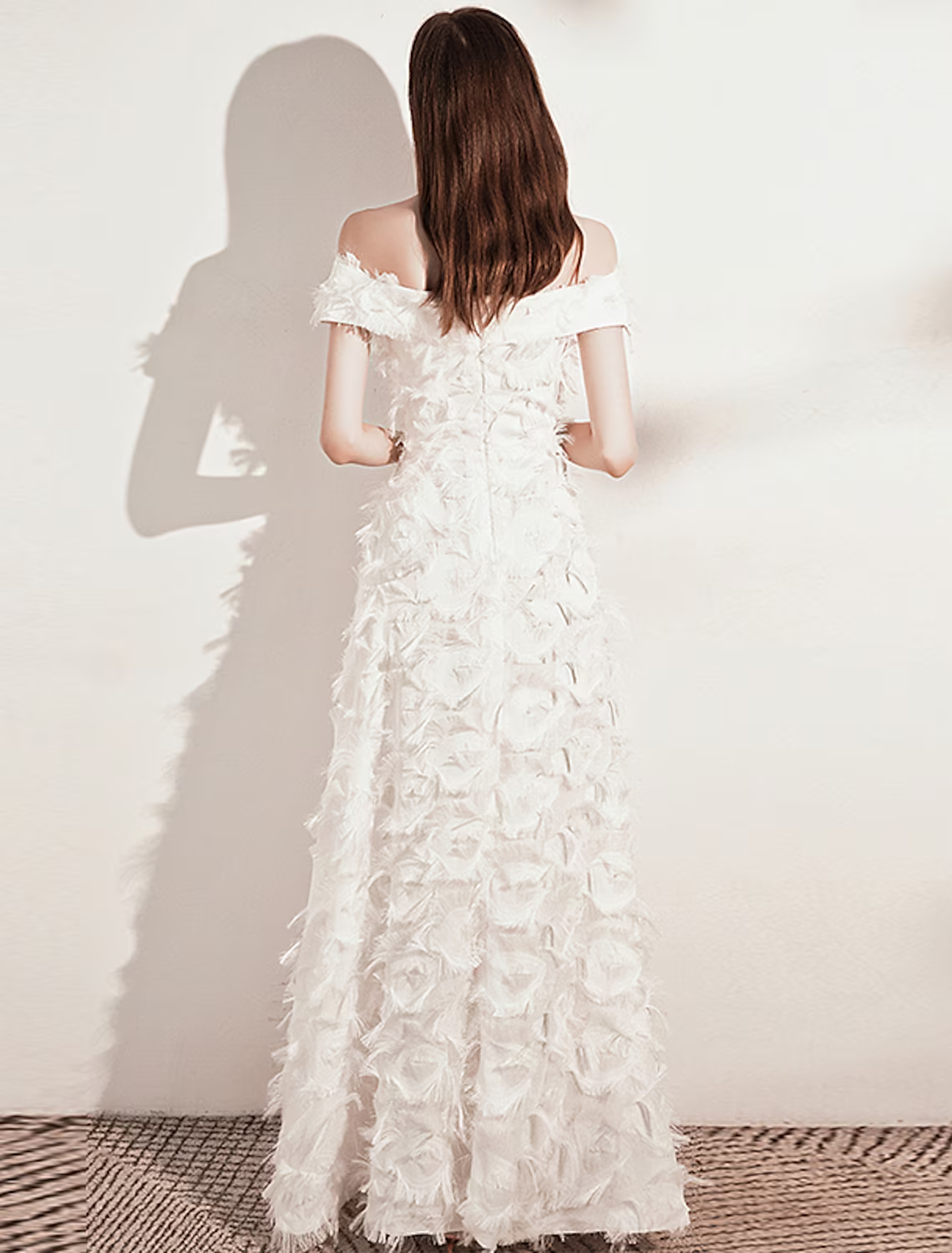 Evening Gown Minimalist Dress Formal Evening Floor Length Short Sleeve Off Shoulder Nylon with Feather