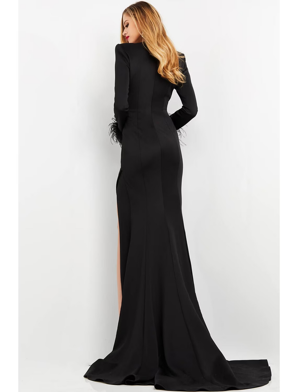 Formal Long Sleeve V Neck Fabric with Feather Slit