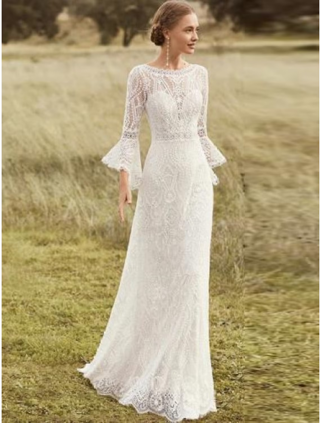 Beach Wedding Dresses Chapel Train A-Line Long Sleeve Jewel Neck