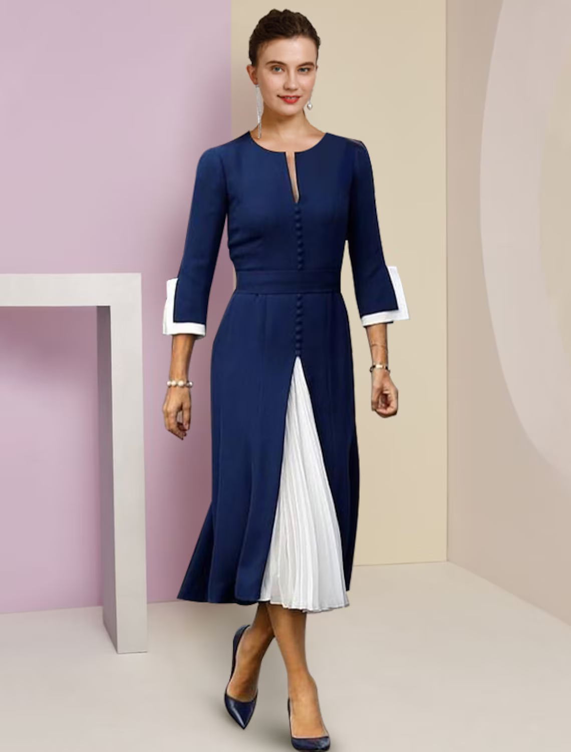 Mother of the Bride Dress Formal Wedding Guest Elegant Scoop Neck Length Length Sleeve with Buttons