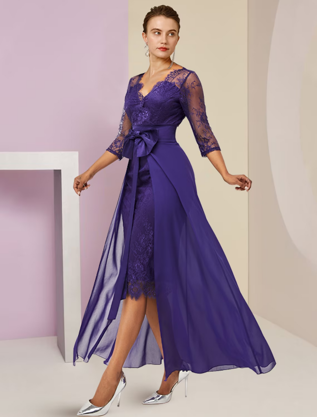 Two Piece Mother of the Bride Dress Formal Wedding Guest Elegant detachable V Neck Knee Length 3/4 Length Sleeve with Bow(s)