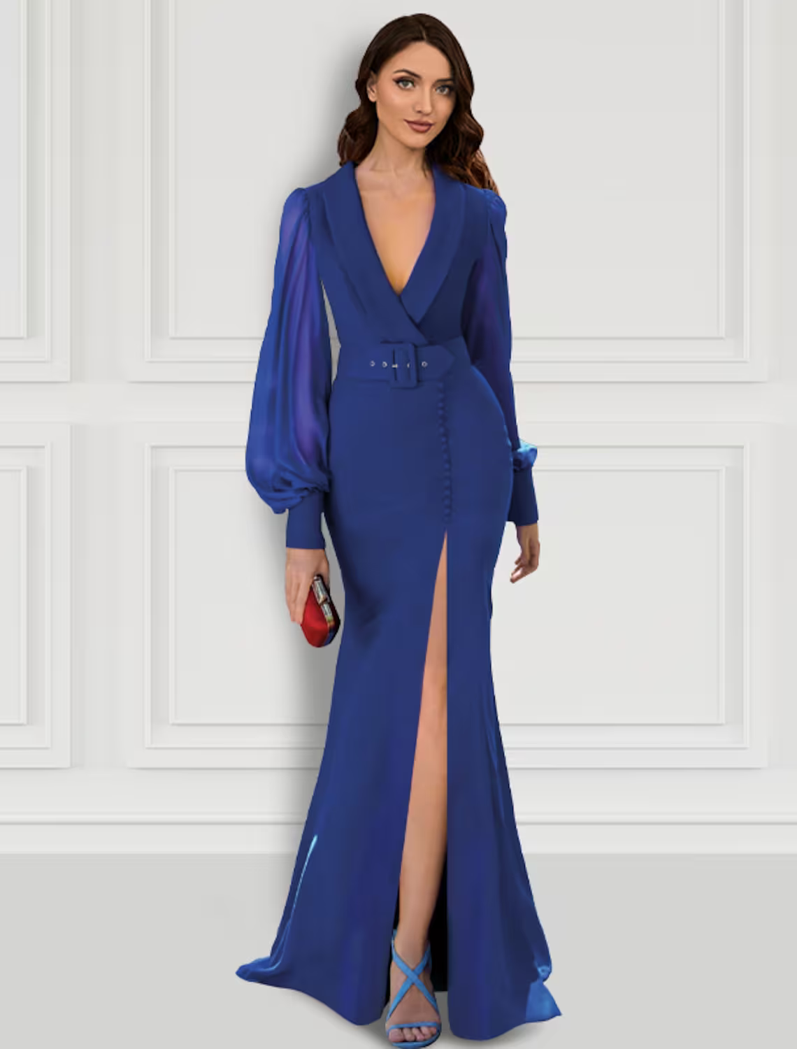 Mermaid / Trumpet Evening Gown Elegant Dress Formal Sweep / Brush Train Long Sleeve V Neck Belt / Sash Fabric with Buttons Slit
