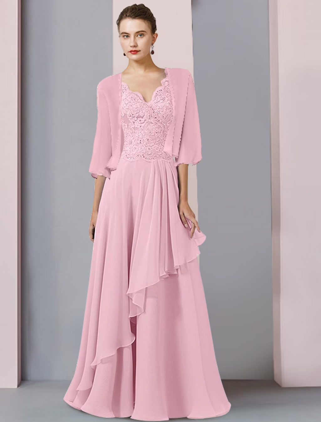 Two Piece A-Line Mother of the Bride Dress Formal Wedding Guest Party Elegant V Neck Floor Length Half Sleeve Wrap Included with Beading Appliques