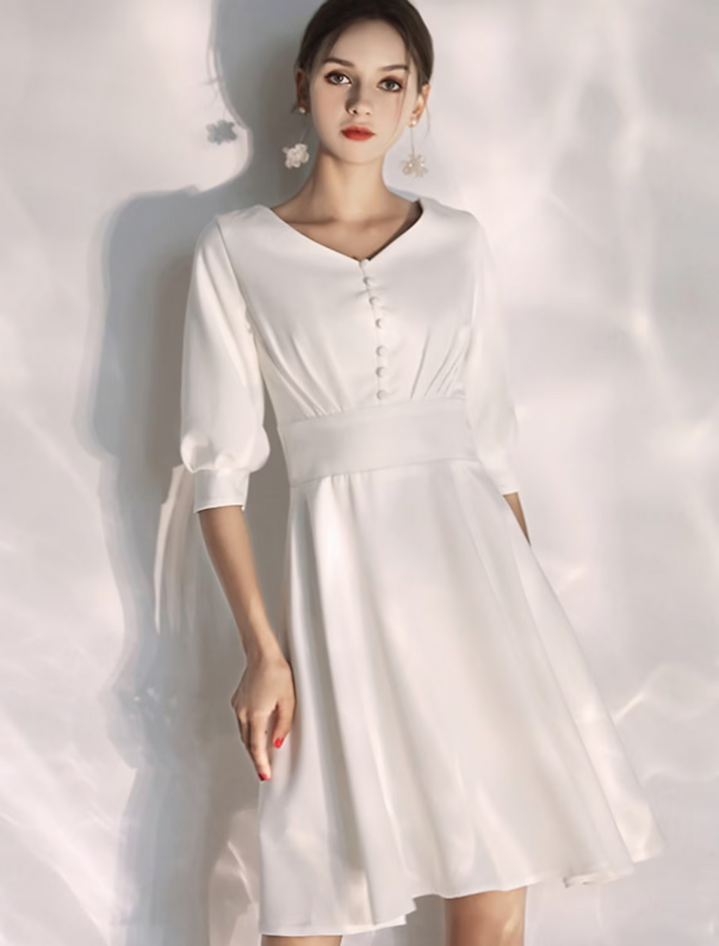 White Bachelorette Party Little Dresses Wedding Dresses Knee Length A-Line Half Sleeve V Neck Fabric
