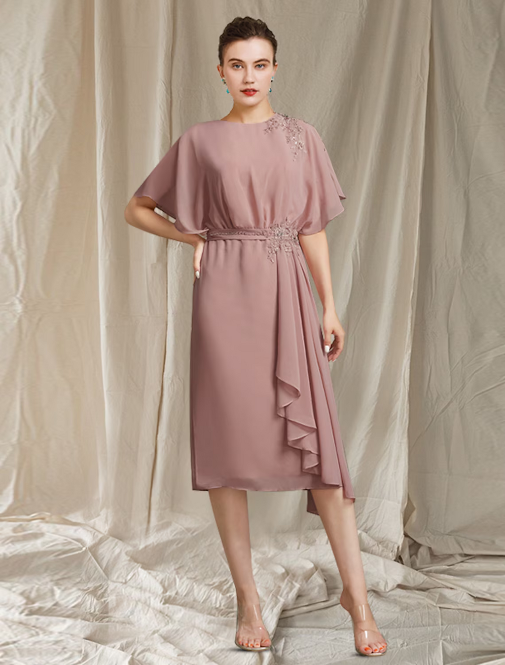 Mother of the Bride Dress Elegant Jewel Neck Floor Length Sleeve with Pleats Appliques