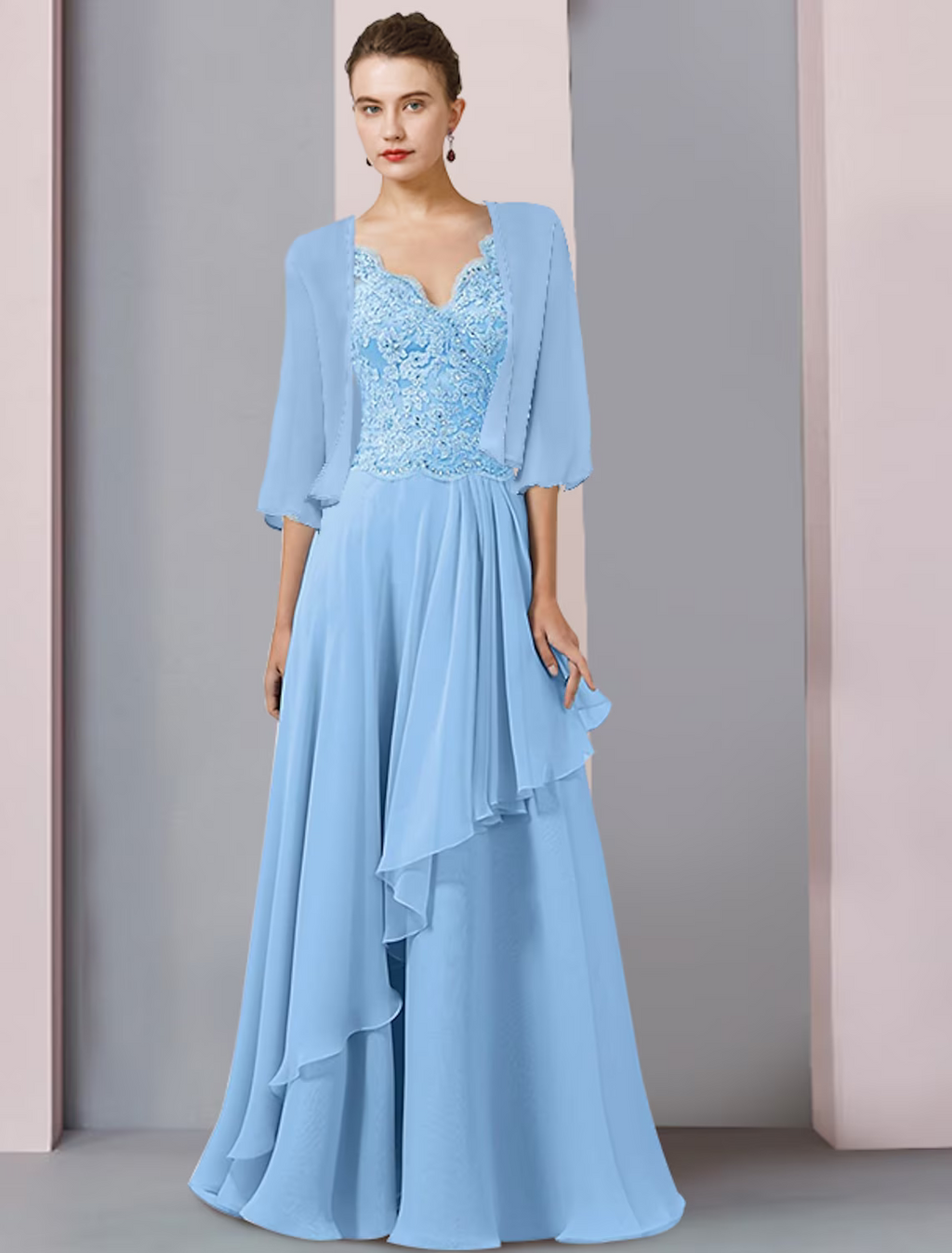 Two Piece A-Line Mother of the Bride Dress Formal Wedding Guest Party Elegant V Neck Floor Length Half Sleeve Wrap Included with Beading Appliques