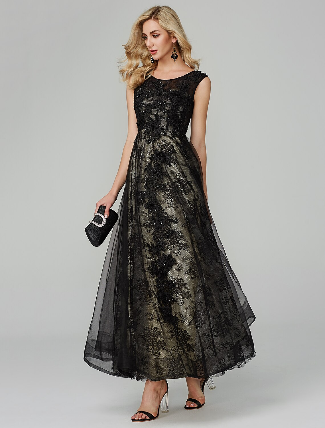 Open Back Dress Holiday Floor Length Sleeveless Jewel Neck with Appliques