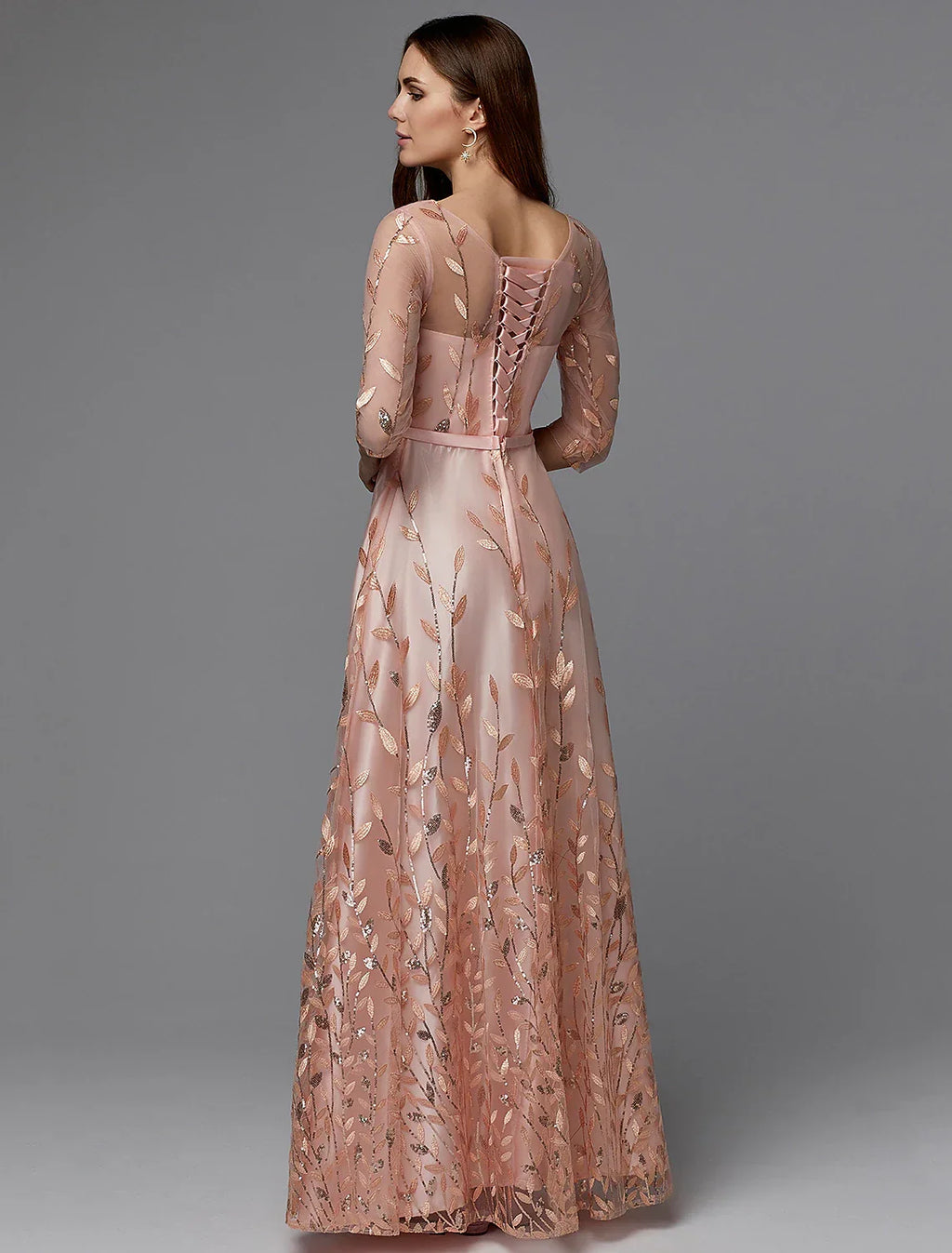 Floral Dress Wedding Guest Floor Length 3/4 Length Sleeve Illusion Neck with Pattern / Print Appliques