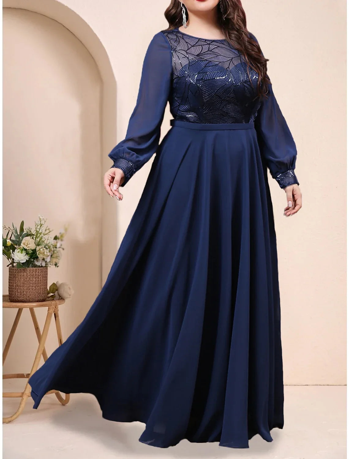Plus Size Curve Mother of the Bride Dress Wedding Guest Plus Size Sparkle & Shine Jewel Neck Floor Length Long Sleeve with Pleats