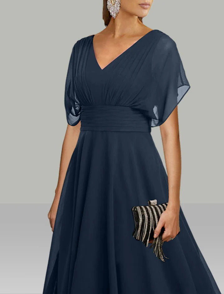 Navy Blue V-Neck Dolman Sleeve Chiffon High-Low Prom Dress