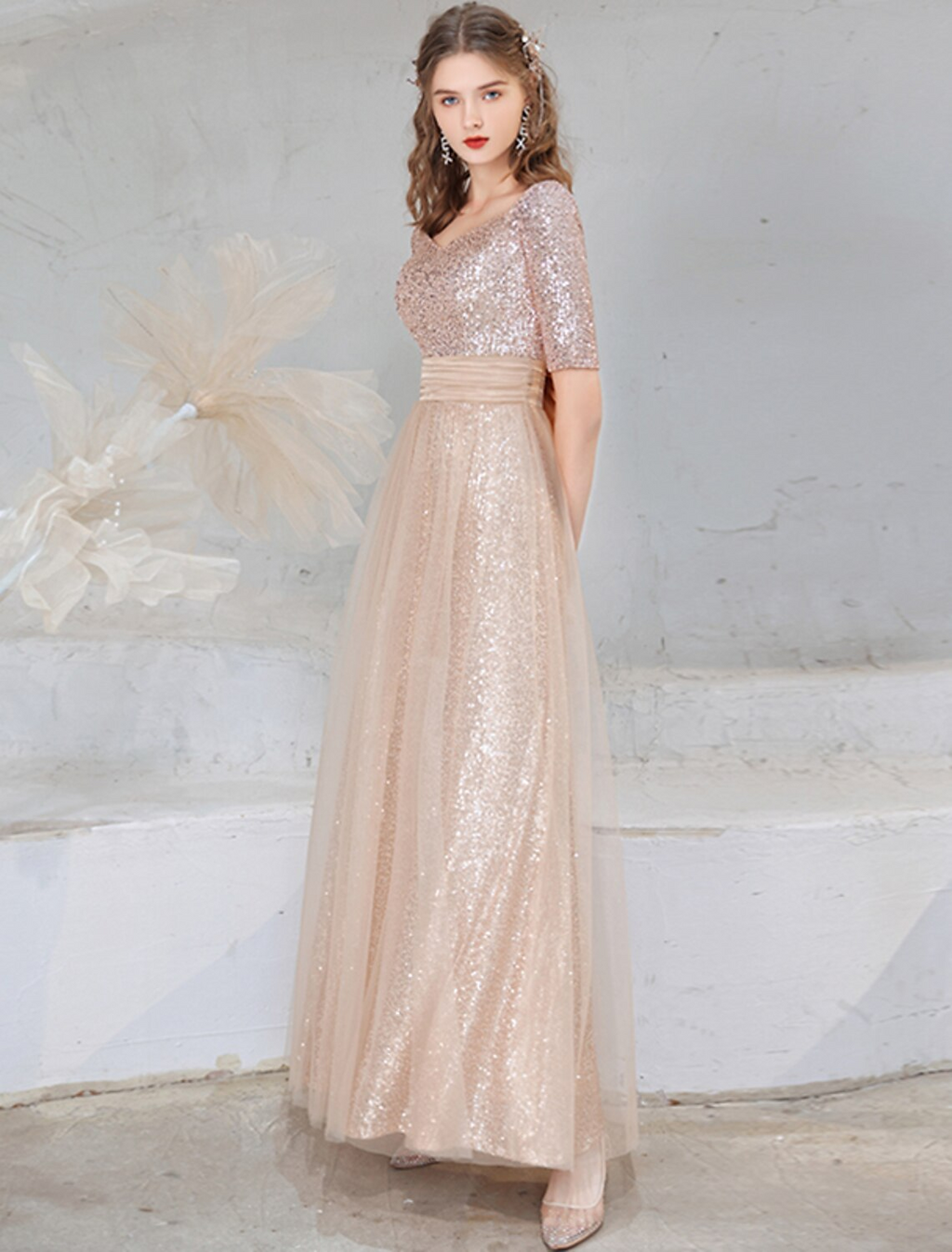 Evening Gown Sparkle Dress Wedding Guest Floor Length Half Sleeve V Neck with Bow(s)