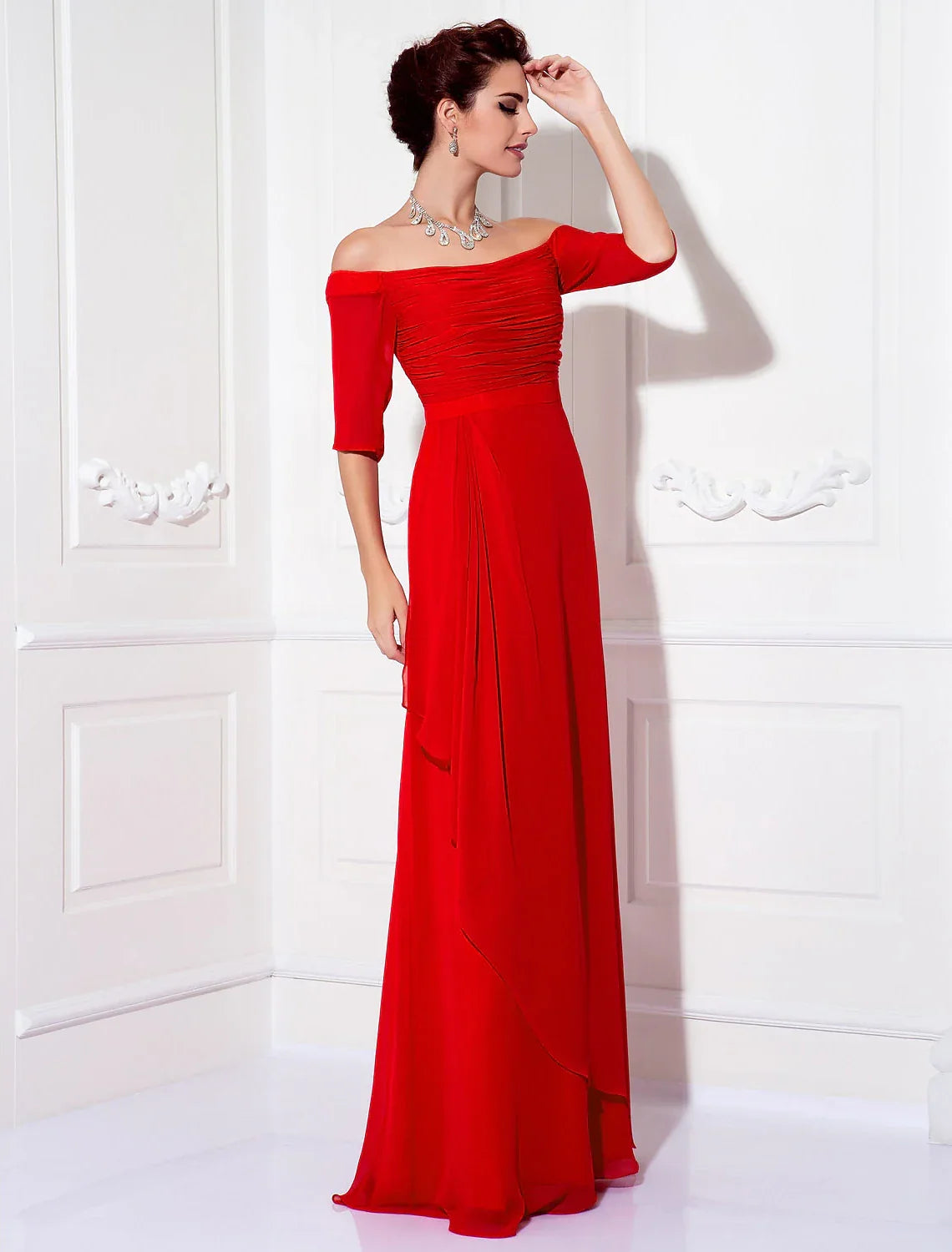 Sheath / Column Minimalist Dress Wedding Guest Sweep / Brush Train Half Sleeve Off Shoulder with Ruched Draping