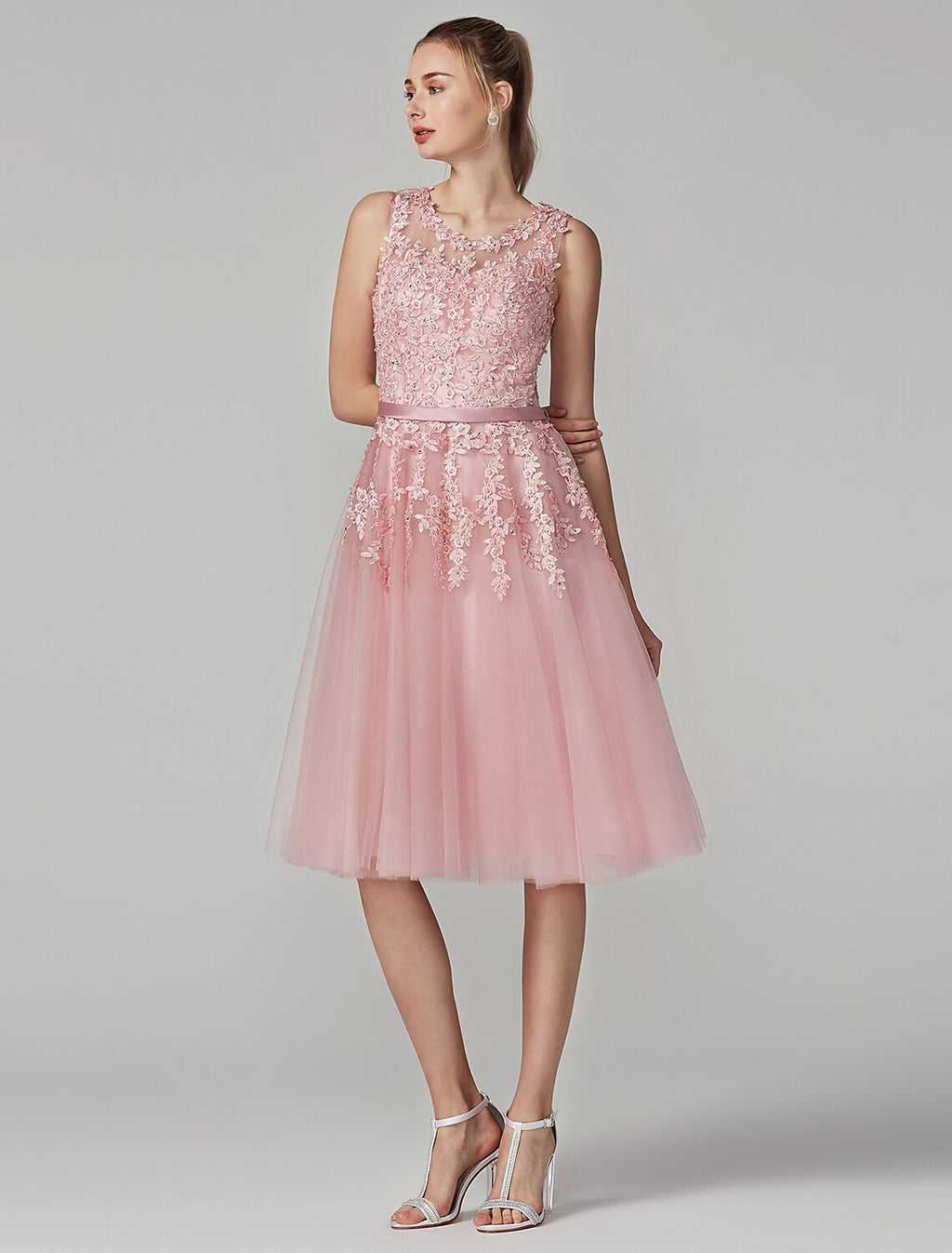 Cocktail Party Knee Length Sleeveless Illusion Neck Over with Beading Appliques