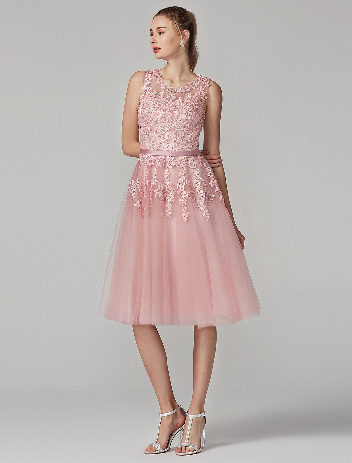 Cocktail Party Knee Length Sleeveless Illusion Neck Over with Beading Appliques