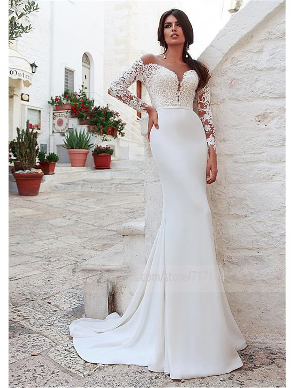 Engagement Open Back Formal Wedding Dresses Long Sleeve Jewel Neck With Appliques