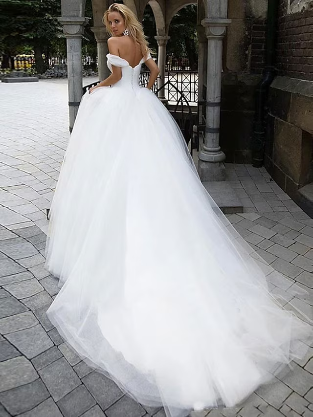 Wedding Dresses Chapel Train Ball Gown Short Sleeve Off Shoulder
