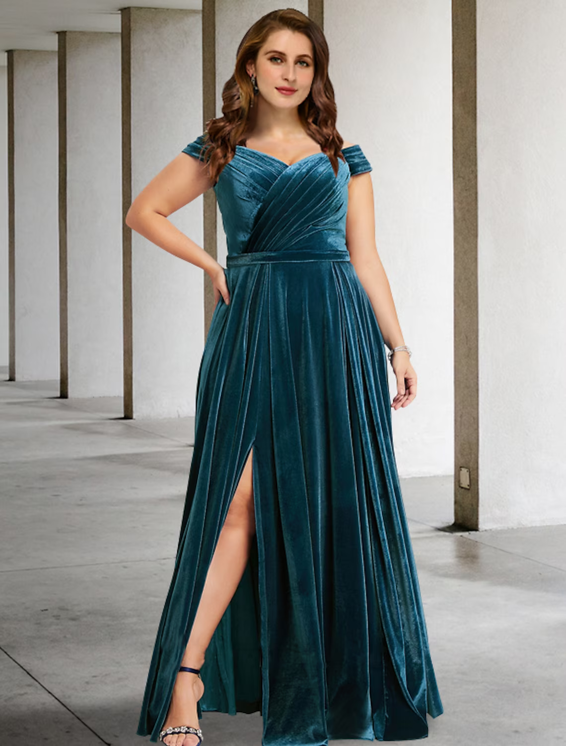 Plus Size Curve Mother of the Bride Dresses Vintage Dress Formal Floor Length Short Sleeve Off Shoulder with Pleats Slit