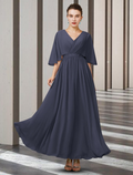 Mother of the Bride Dress Elegant V Neck Ankle Length Half Sleeve with Sash Ribbon Pleats