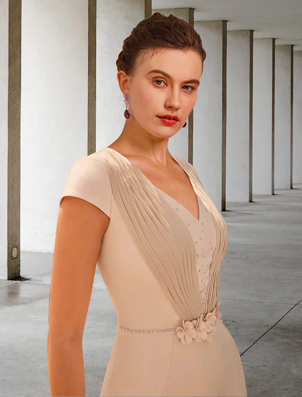 Two Piece Mother of the Bride Dress Formal Wedding Guest Elegant Jewel Neck Knee Length Fabric 3/4 Length Sleeve Cap Sleeve with Beading Flower