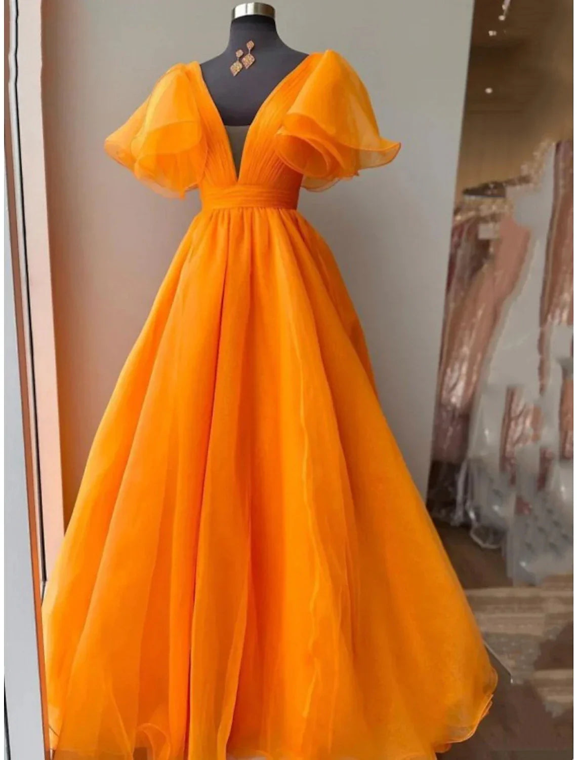 Ball Gown Evening Gown Celebrity Style Dress Wedding Party Floor Length Short Sleeve V Neck with Pleats Ruffles