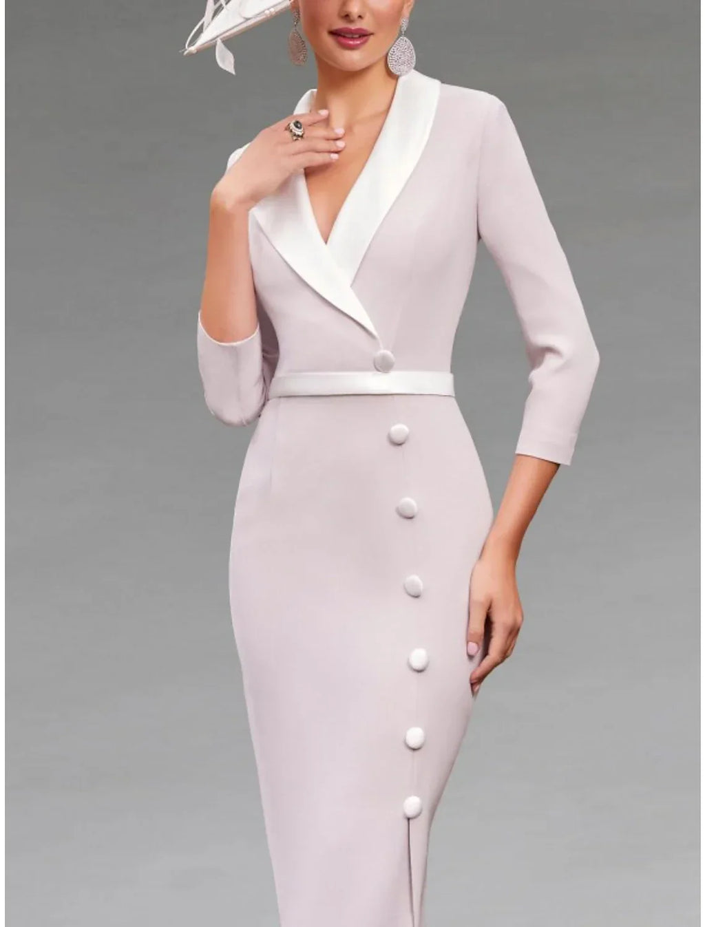 Sheath / Column Mother of the Bride Dress Wedding Guest Elegant Petite V Neck Knee Length Fabric 3/4 Length Sleeve with Buttons Split Front