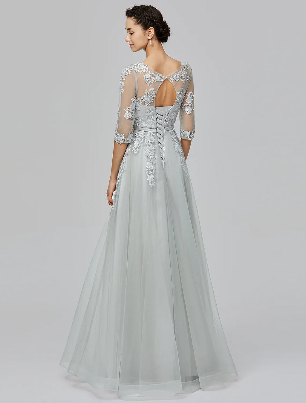 Wedding Guest Floor Length Half Sleeve with Bow(s) Appliques