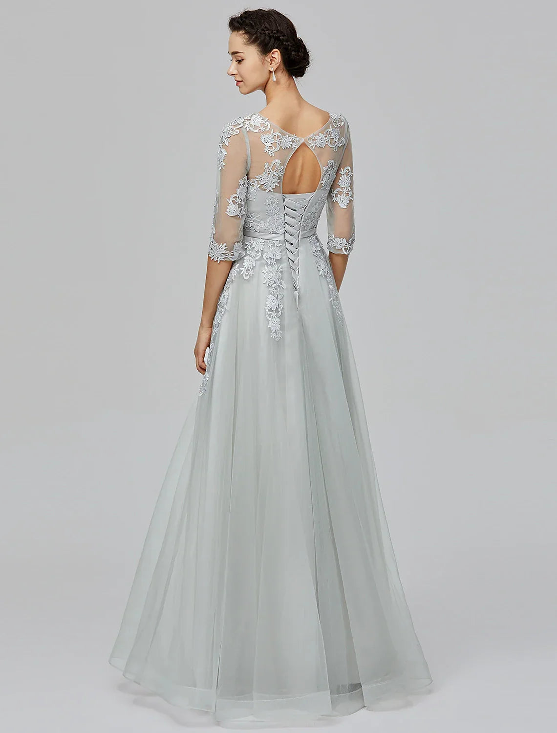 Empire Dress Wedding Guest Prom Floor Length Half Sleeve Illusion Neck with Bow(s) Appliques