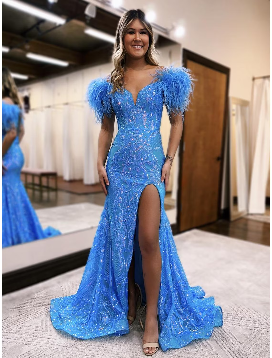 Sparkle Shine Dress Formal Court Train Sleeveless V Neck Backless with Slit